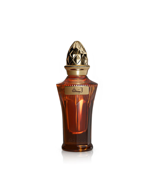 ahmed al maghribi aayah Perfume bottle with a gold cap on a white background
