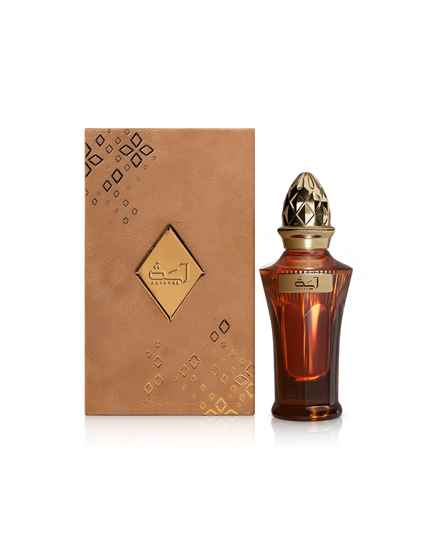 ahmed al maghribi aayah Perfume bottle with decorative cap and matching box on a white background