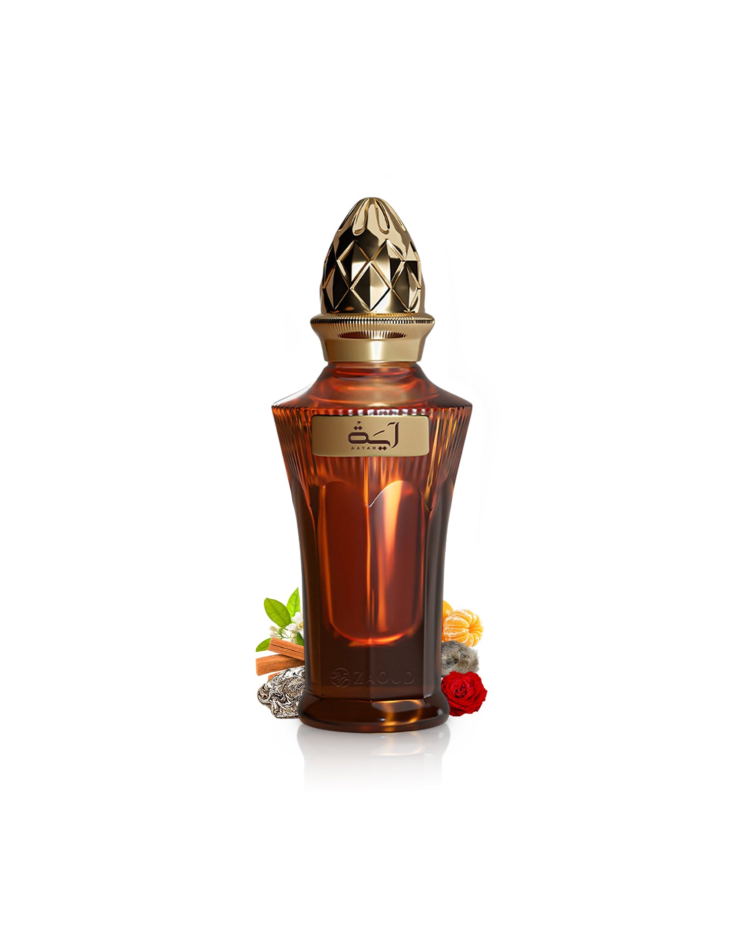ahmed al maghribi aayah perfume bottle with a gold cap surrounded by rose and oud on a white background