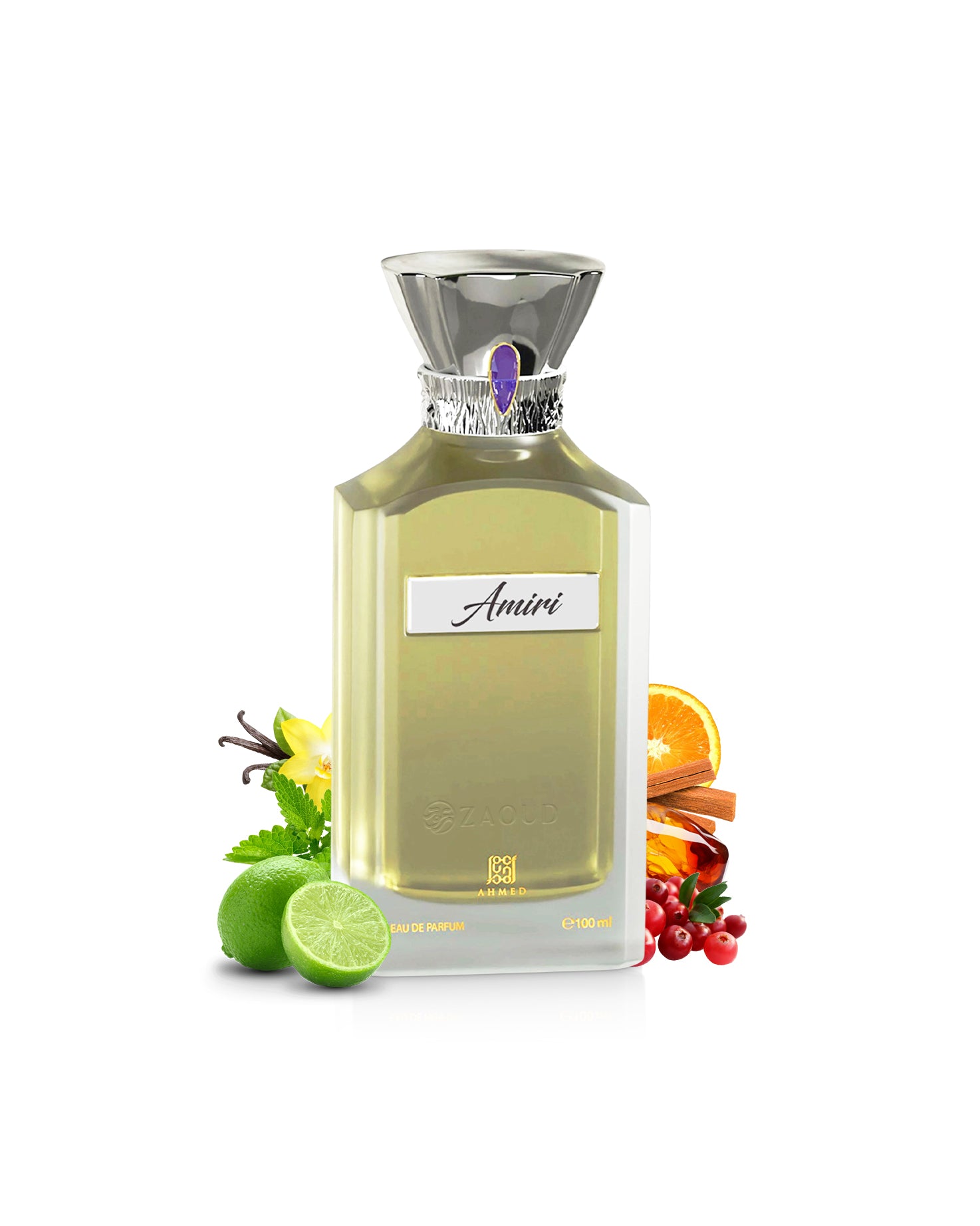 ahmed al maghribi amiri perfume bottle surrounded by fragrance notes like lime and pink pepper shows against white background