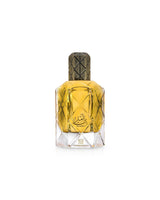 ahmed al maghribi bin ameer Perfume bottle with gold cap and geometric design on a white background