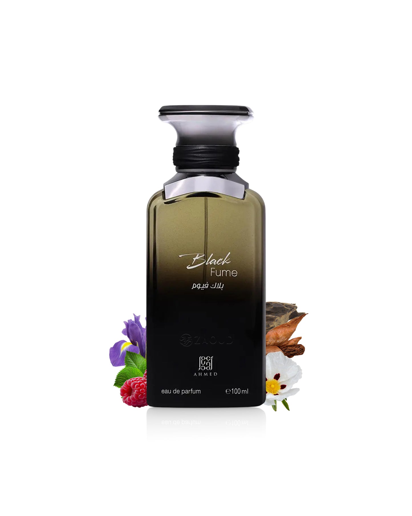 Ahmed al maghribi black fume perfume bottle surrounded by fragrance notes like raspberry and labdanum shows against white background