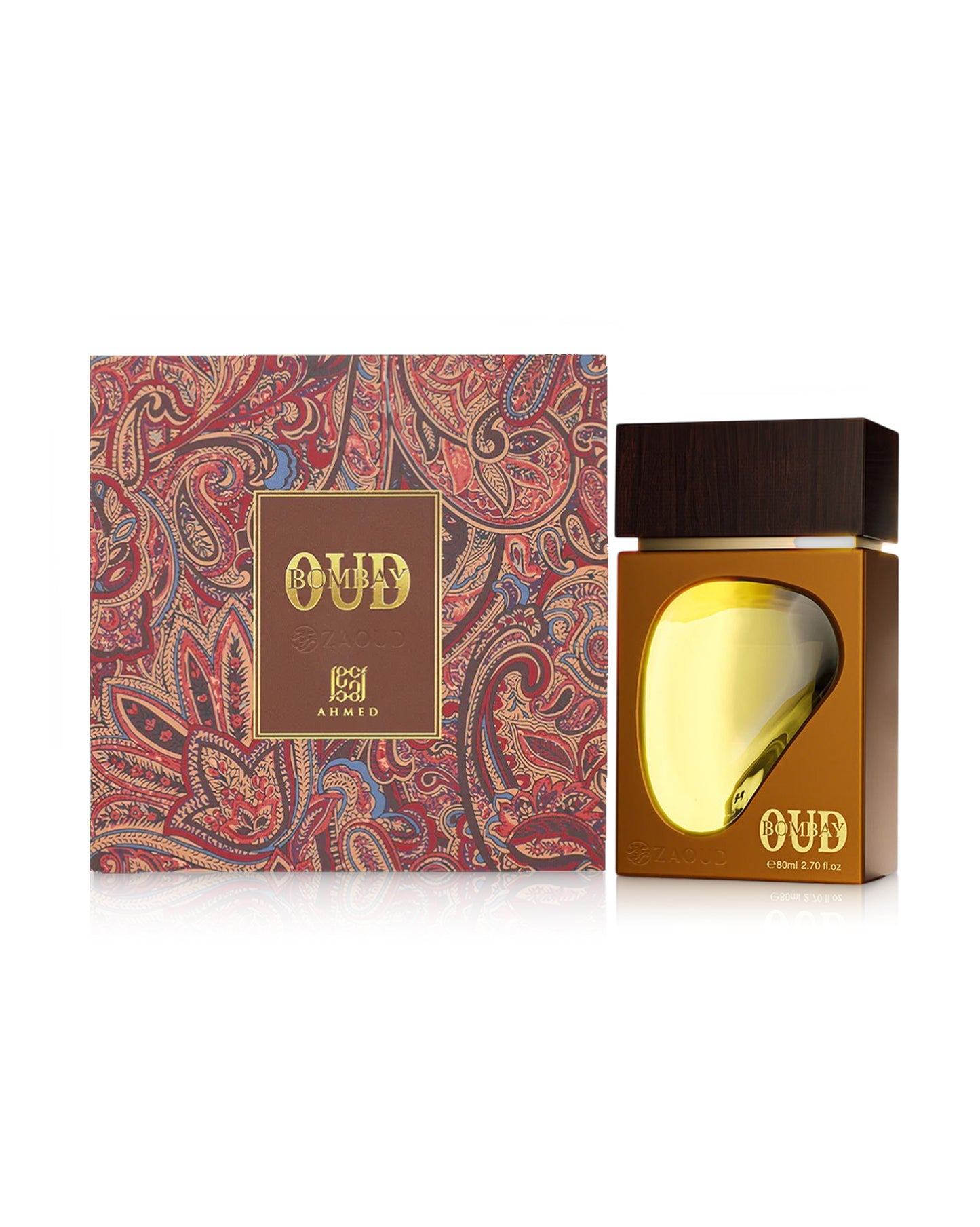 ahmed al maghribi Bombay Oud perfume bottle with decorative box on a white background