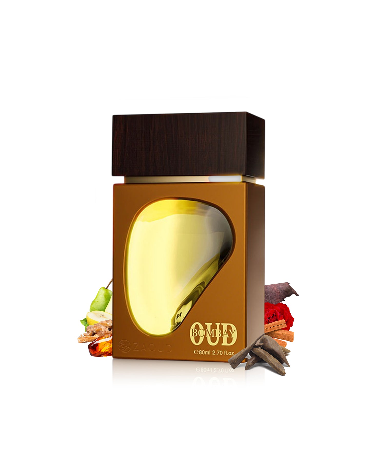 ahmed al maghribi Bombay Oud Perfume bottle with gold cap and wooden top surrounded by oud and amber on a white background