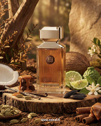 ahmed-al-maghribi-brulee-edp perfume bottle on a wooden surface with natural elements