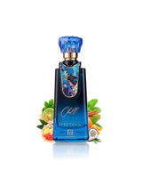 ahmed al maghribi chill spectrum perfume bottle surrounded with fragrance notes like grapefruit and mint shows against white background