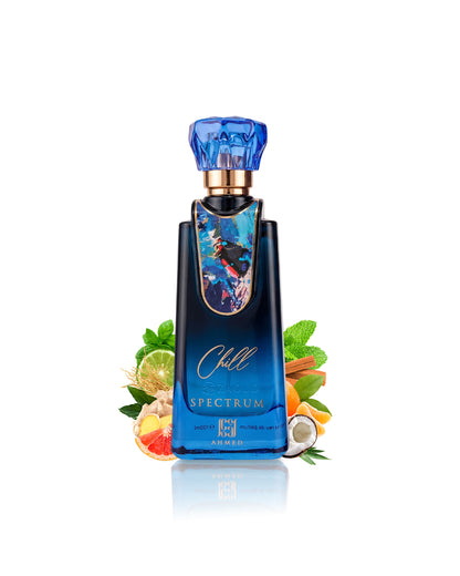 ahmed al maghribi chill spectrum perfume bottle surrounded with fragrance notes like grapefruit and mint shows against white background