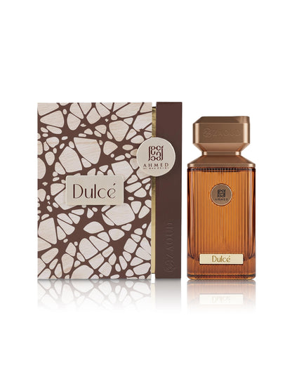 ahmed al maghribi dulce perfume bottle shows beside its packaging against white background