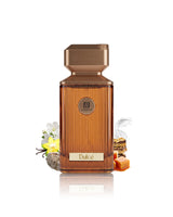 ahmed al maghribi dulce perfume bottle surrounded with fragrance notes like vanilla and caramel shows against white background