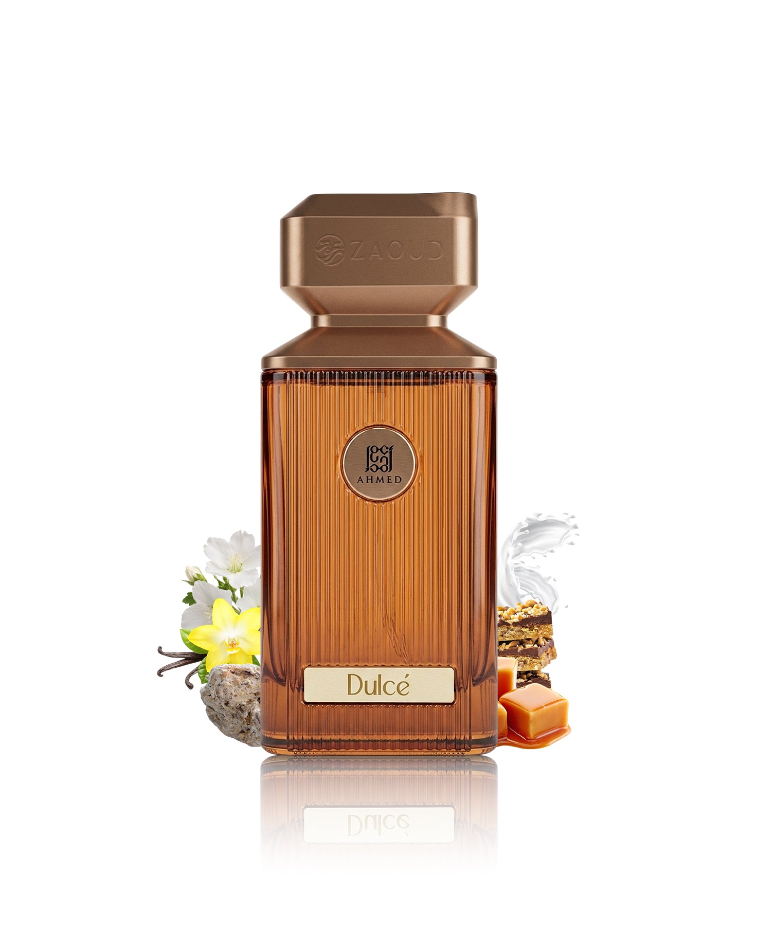 ahmed al maghribi dulce perfume bottle surrounded with fragrance notes like vanilla and caramel shows against white background