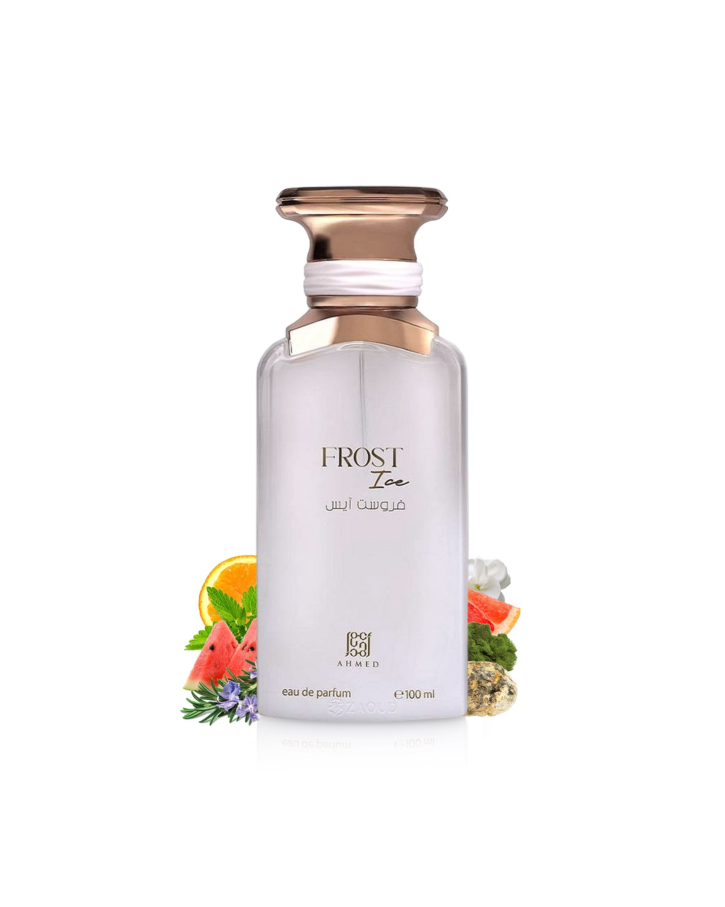 ahmed al maghribi frost ice perfume bottle with floral elements like jasmine and watermelon on a white background