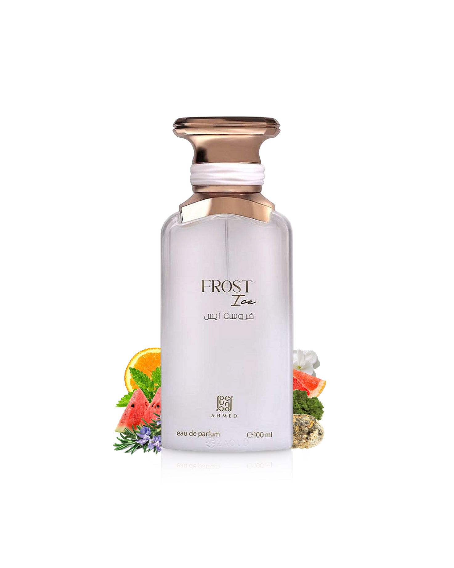 ahmed al maghribi frost ice perfume bottle with floral elements like jasmine and watermelon on a white background