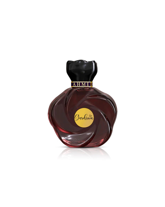 ahmed al maghribi gardenia Perfume bottle with black cap and brown body on a white background