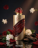 Luxurious perfume bottle with red and gold design, surrounded by flowers and petals on a dark background.