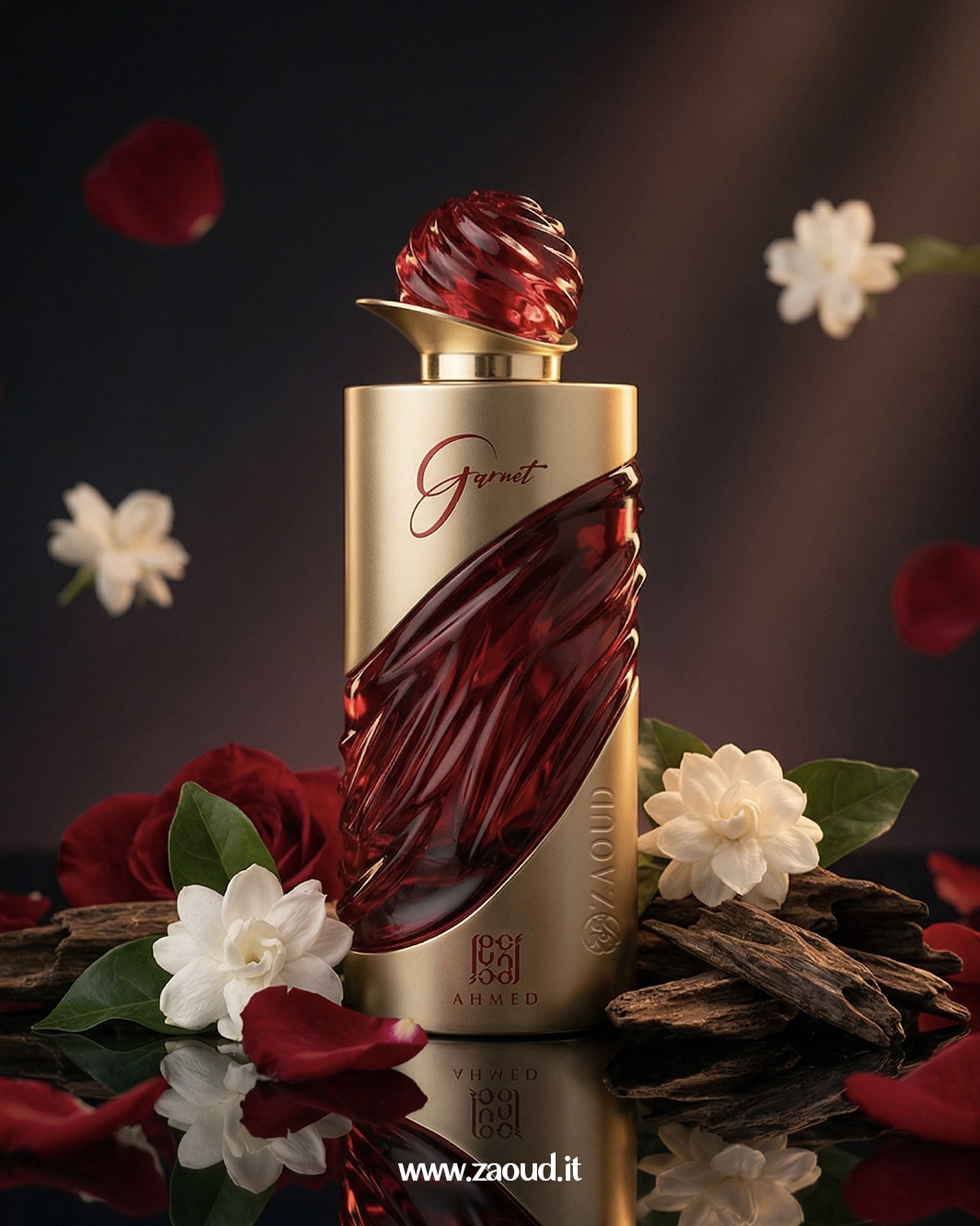 Luxurious perfume bottle with red and gold design, surrounded by flowers and petals on a dark background.