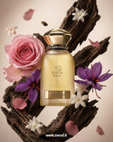 Ahmed Al Maghribi Ignite Rose perfume bottle with pink rose, saffron flower, and oud wood representing a niche oriental rose oud fragrance.