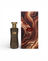 ahmed al maghribi kaffe latte perfume bottle shows beside its packaging  against white background