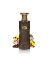 ahmed al maghribi kaffe latte perfume bottle surrounded by fragrance notes like coffee and almond shows against white background