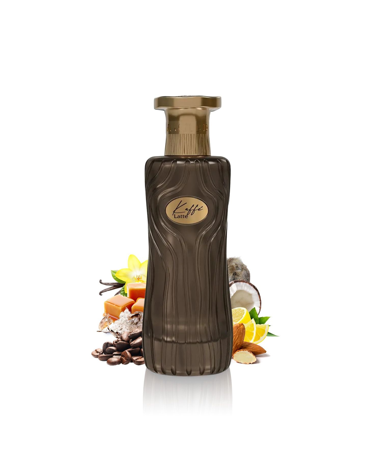 ahmed al maghribi kaffe latte perfume bottle surrounded by fragrance notes like coffee and almond shows against white background