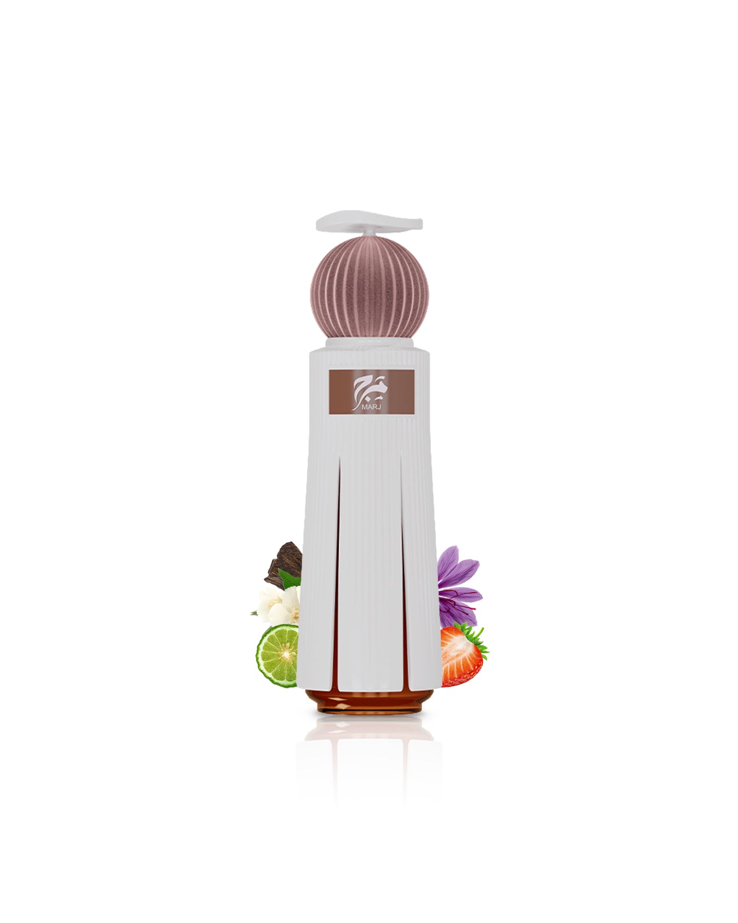 ahmed al maghribi marj perfume bottle surrounded with fragrance notes like citrus and jasmine shows from behind the bottle against white background