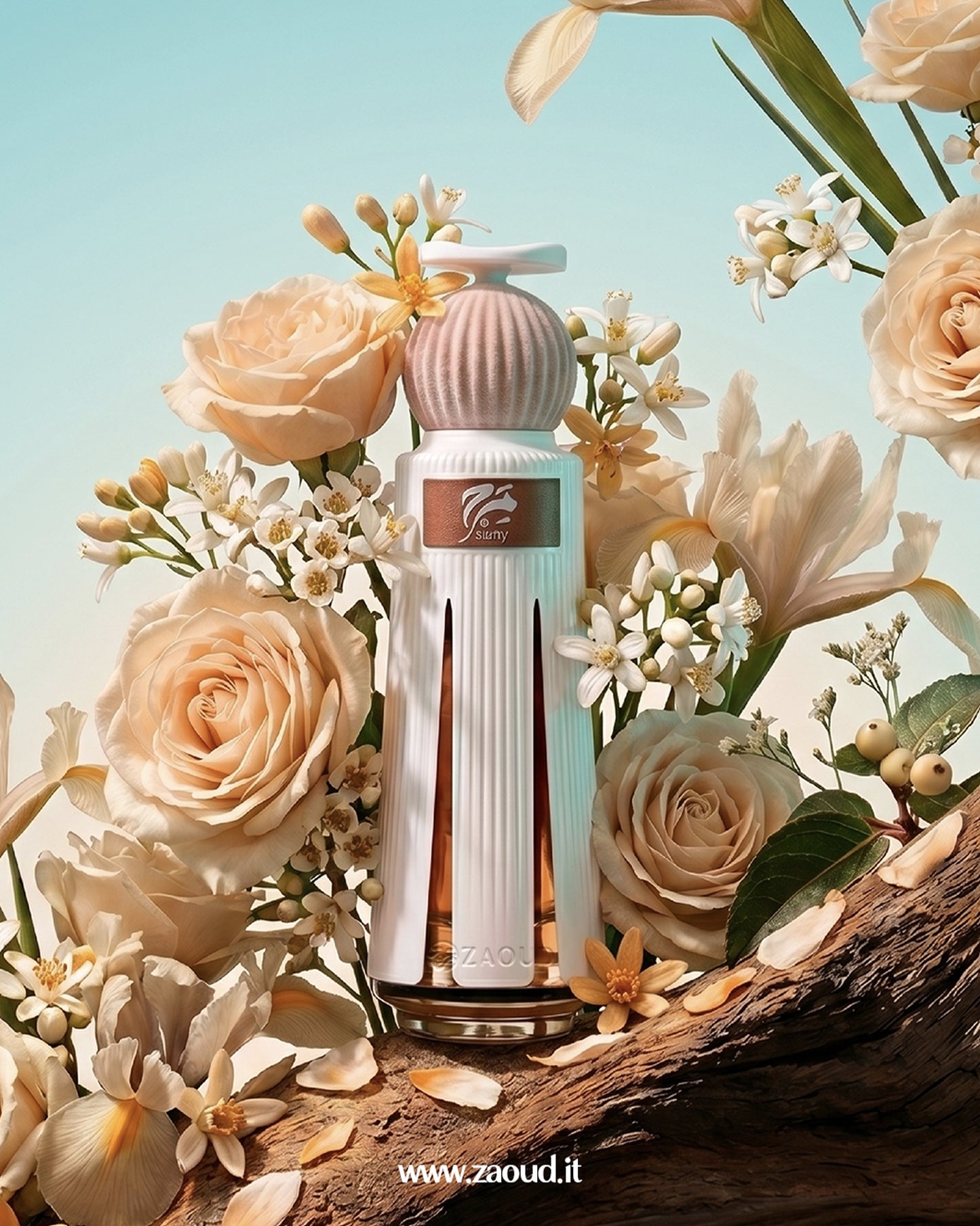 Ahmed Al Maghribi Marj perfume bottle surrounded by luxurious floral and woody elements, representing a rich oriental fragrance with oud, amber, and leather notes.