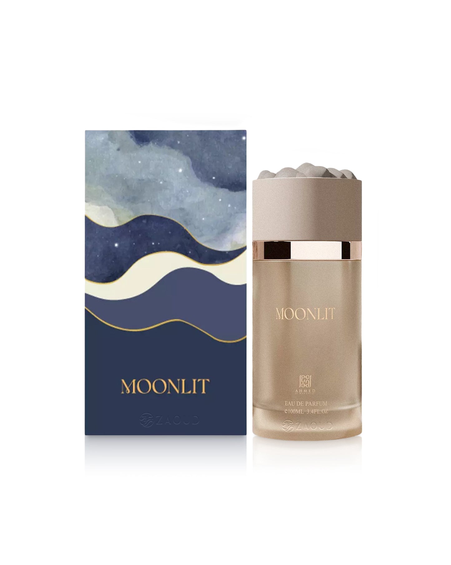 ahmed al maghribi moonlit perfume bottle and packaging on a white background