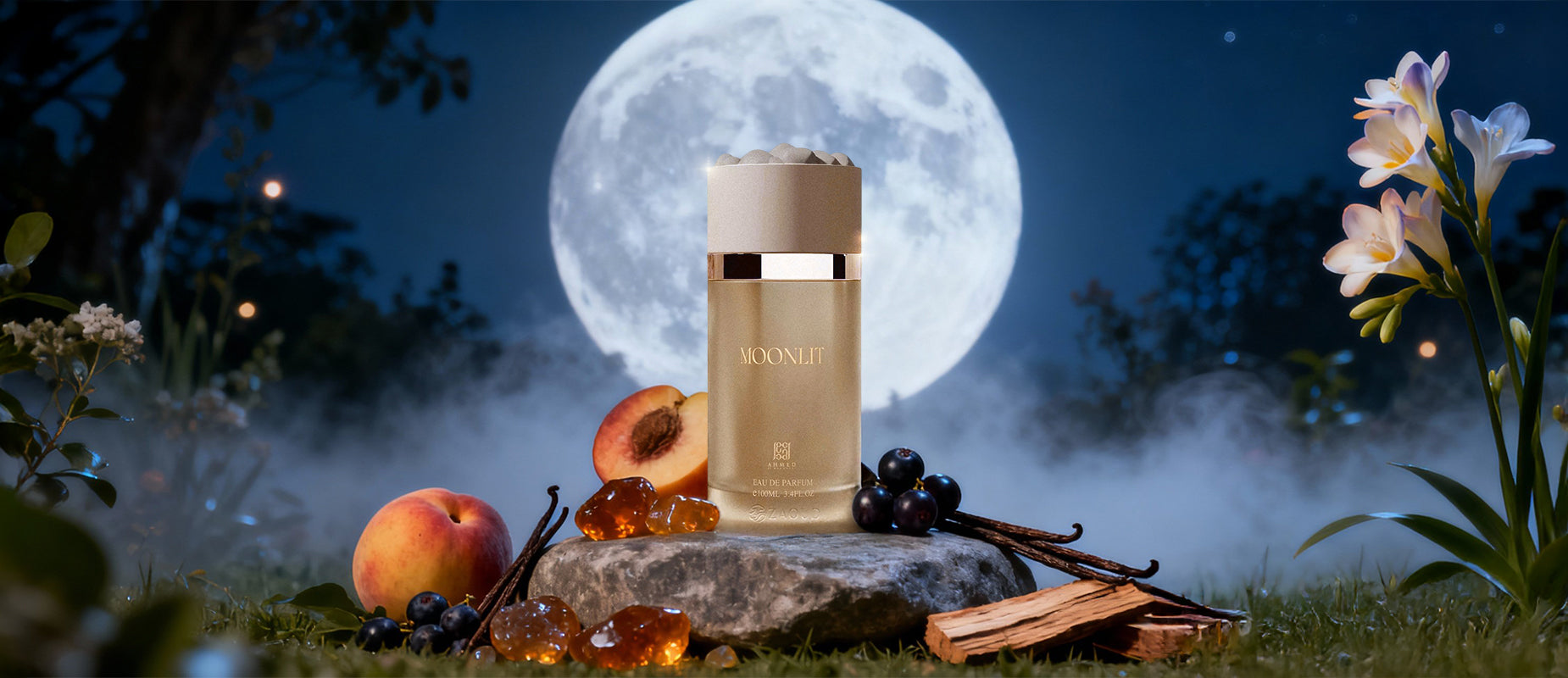 Ahmed al maghribi moonlit perfume bottle with peaches, grapes, and vanilla beans against a moonlit night sky.