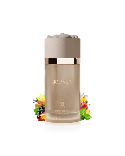 ahmed al maghribi moonlit perfume bottle with fruit illustrations on a white background