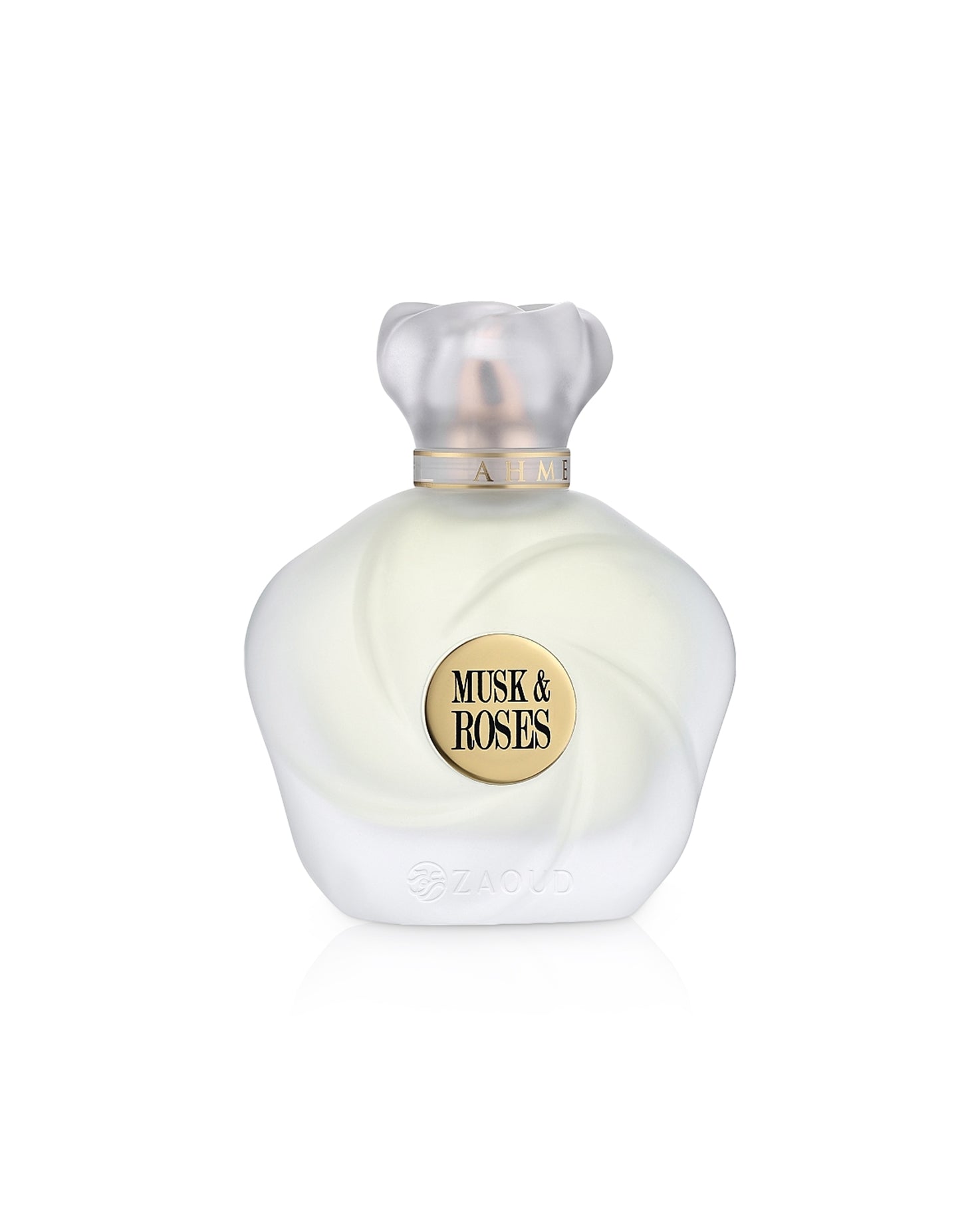 ahmed al maghribi musk and roses perfume bottle shows against white background
