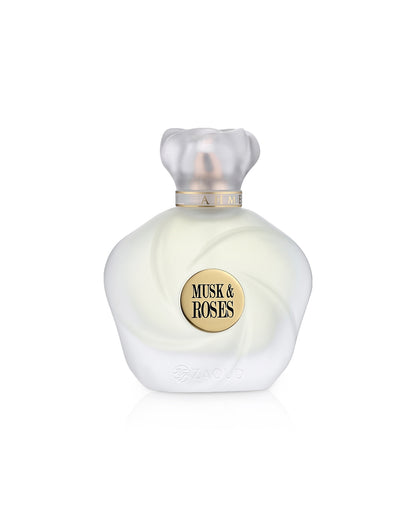 ahmed al maghribi musk and roses perfume bottle shows against white background