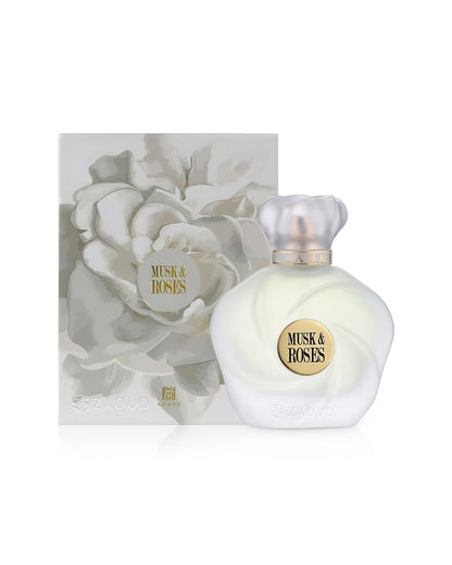 ahmed al maghribi musk and roses perfume bottle shows beside packaging against white background