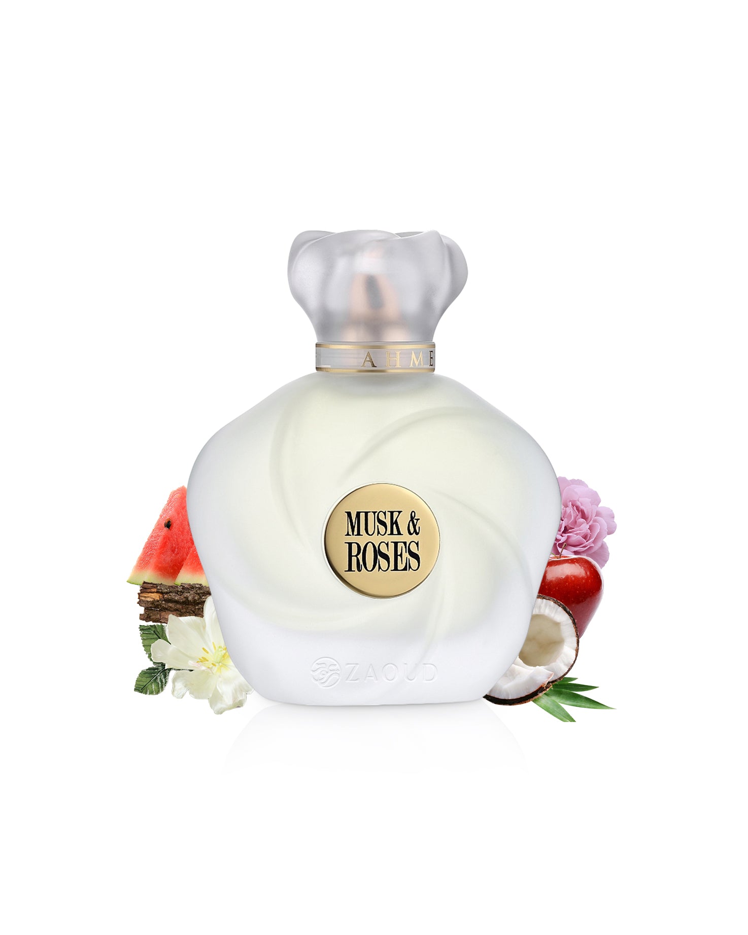 ahmed al maghribi musk and roses perfume bottle surrounded by fragrance notes like mangolia and watermelon shows against white background