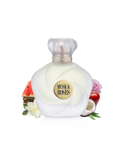 ahmed al maghribi musk and roses perfume bottle surrounded by fragrance notes like mangolia and watermelon shows against white background