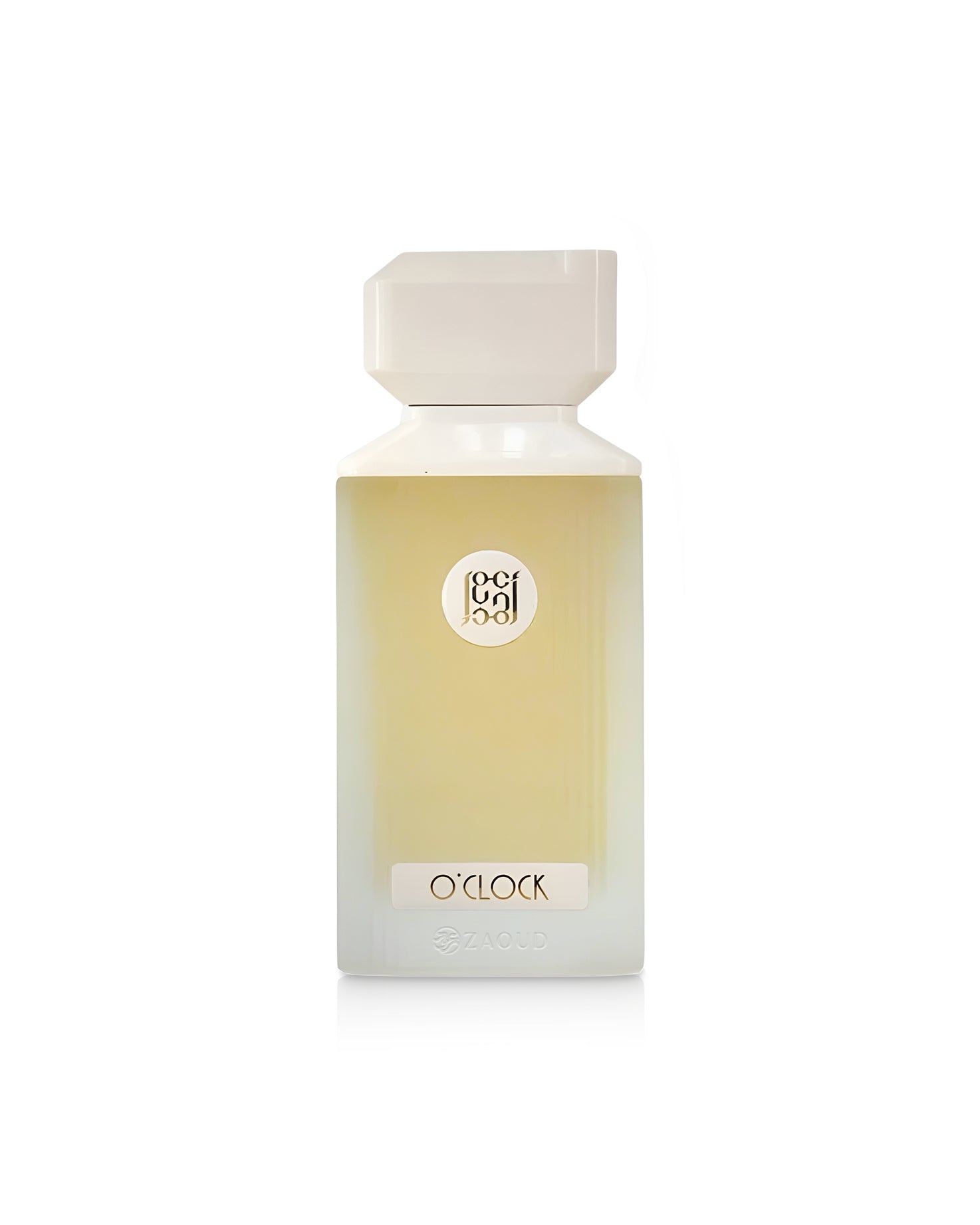 ahmed al maghribi o'clock Perfume bottle with a white cap and beige body on a white background