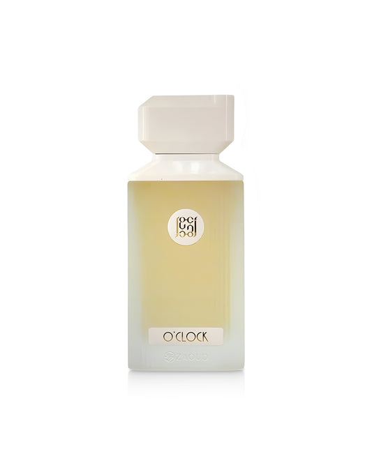 ahmed al maghribi o'clock Perfume bottle with a white cap and beige body on a white background