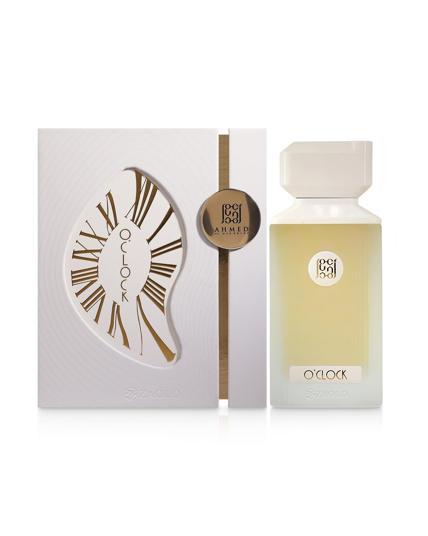 ahmed al maghribi o'clock Perfume bottle and packaging with 'OCLOCK' branding on a white background