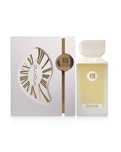 ahmed al maghribi o'clock Perfume bottle and packaging with 'OCLOCK' branding on a white background