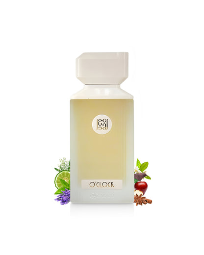 ahmed al maghribi o'clock Perfume bottle with 'O' clock' branding surrounded by lavender and apple on a white background