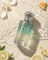 opalineperfume bottle with lemon slices and flowers on a light background