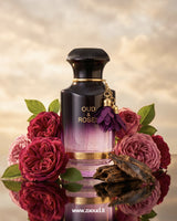 Ahmed Al Maghribi Oud and Roses perfume bottle surrounded by red roses and oud wood, showcasing a floral oriental fragrance with woody notes.