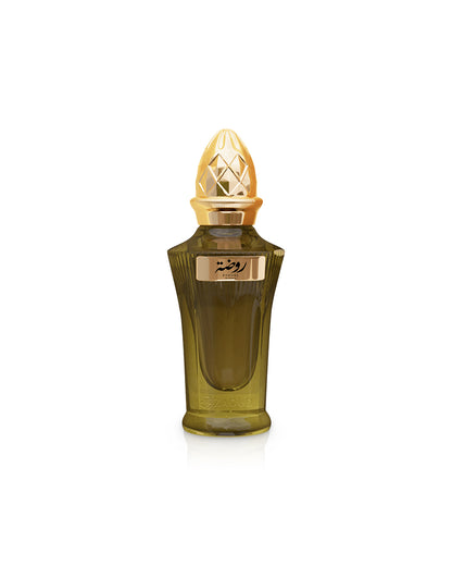ahmed al maghribi rawdha Perfume bottle with gold cap on a white background