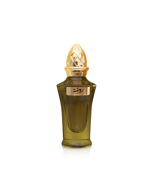 ahmed al maghribi rawdha Perfume bottle with gold cap on a white background