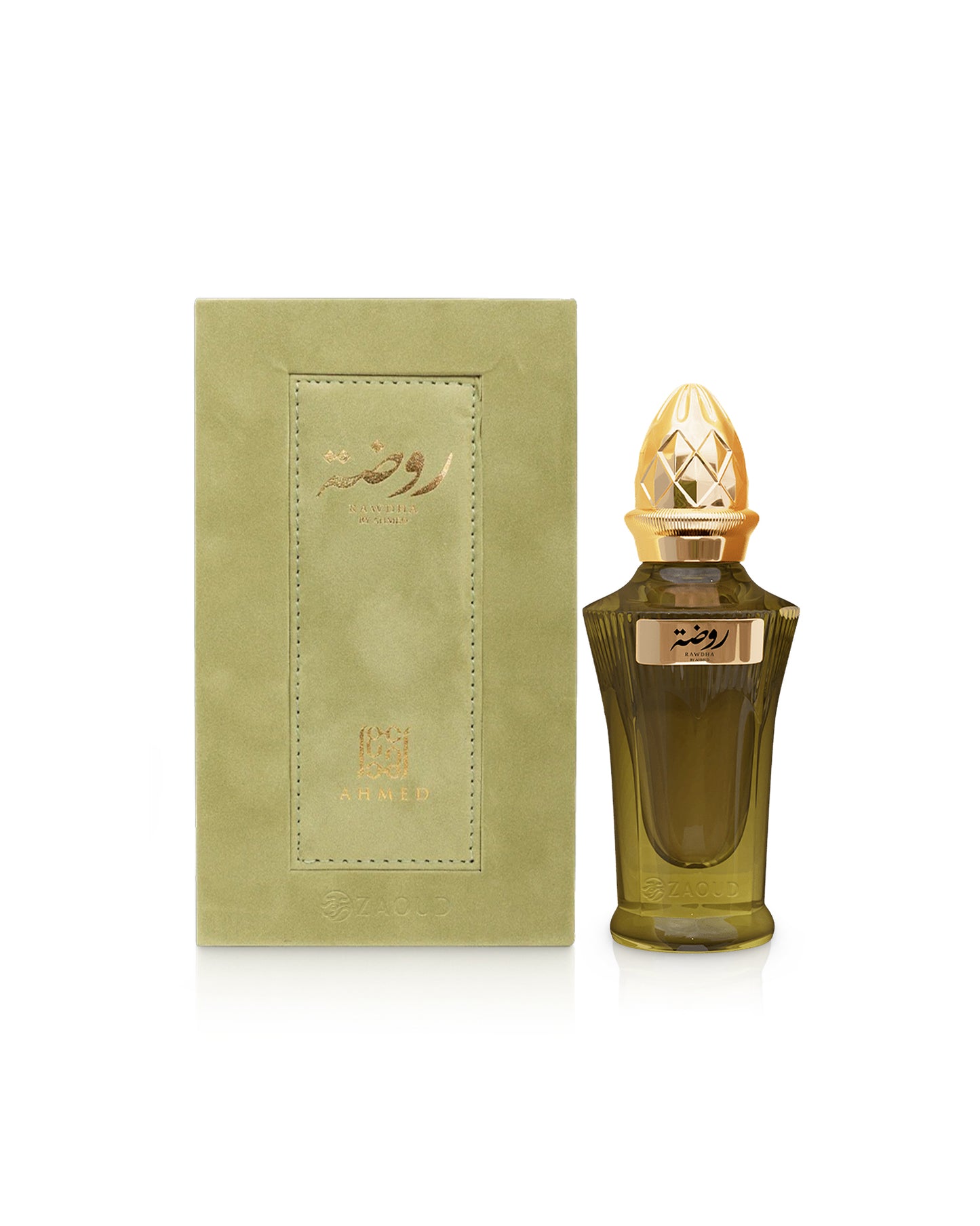 ahmed al maghribi rawdha Perfume bottle with gold cap and packaging on a white background