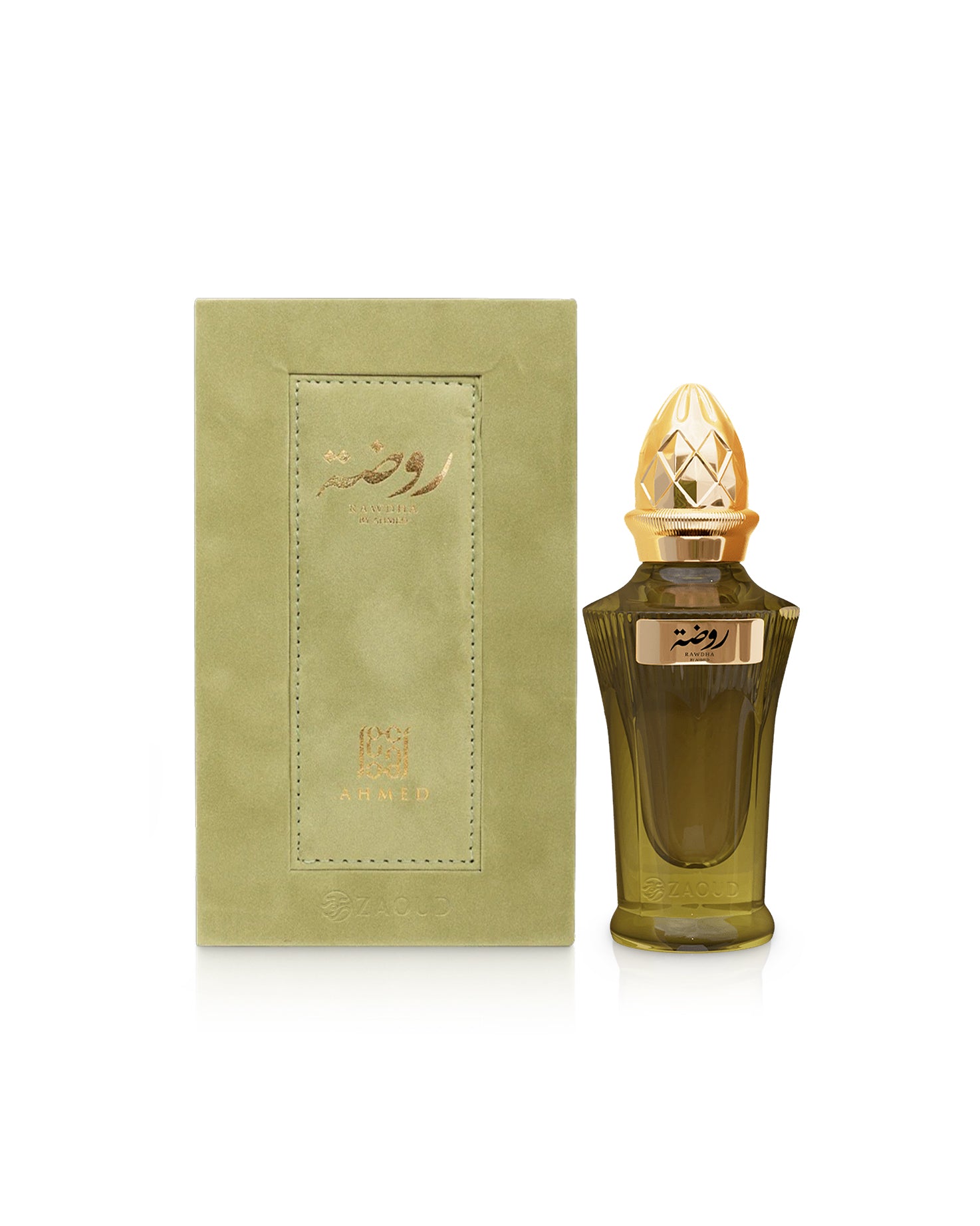 ahmed al maghribi rawdha Perfume bottle with gold cap and packaging on a white background