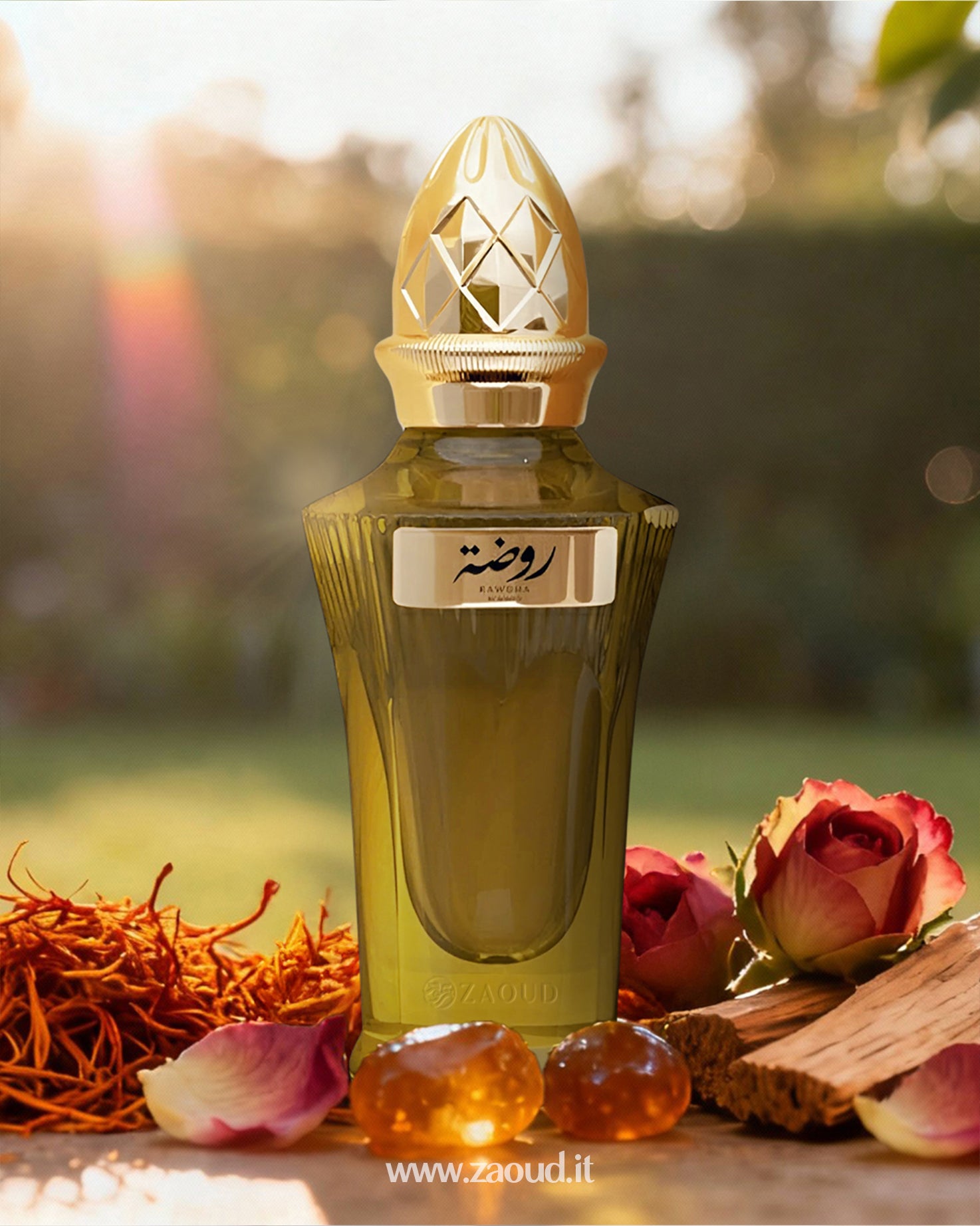 ahmed al maghribi rawdha Perfume bottle photgraph with decorative elements like saffron and rose on a blurred natural background