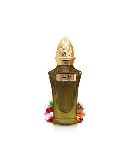 ahmed al maghribi rawdha Green perfume bottle with gold cap surrounded by saffron and amber on a white background