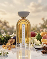 Ahmed Al Maghribi White Tiger extrait de parfum bottle with citrus fruits, vanilla, and amber resin representing a luxurious fruity amber fragrance.

