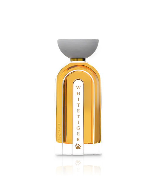 ahmed al maghribi white tiger perfume bottle shows against white background