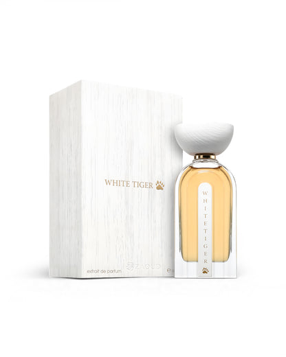 ahmed al maghribi white tiger perfume bottle shows beside its packaging against white background