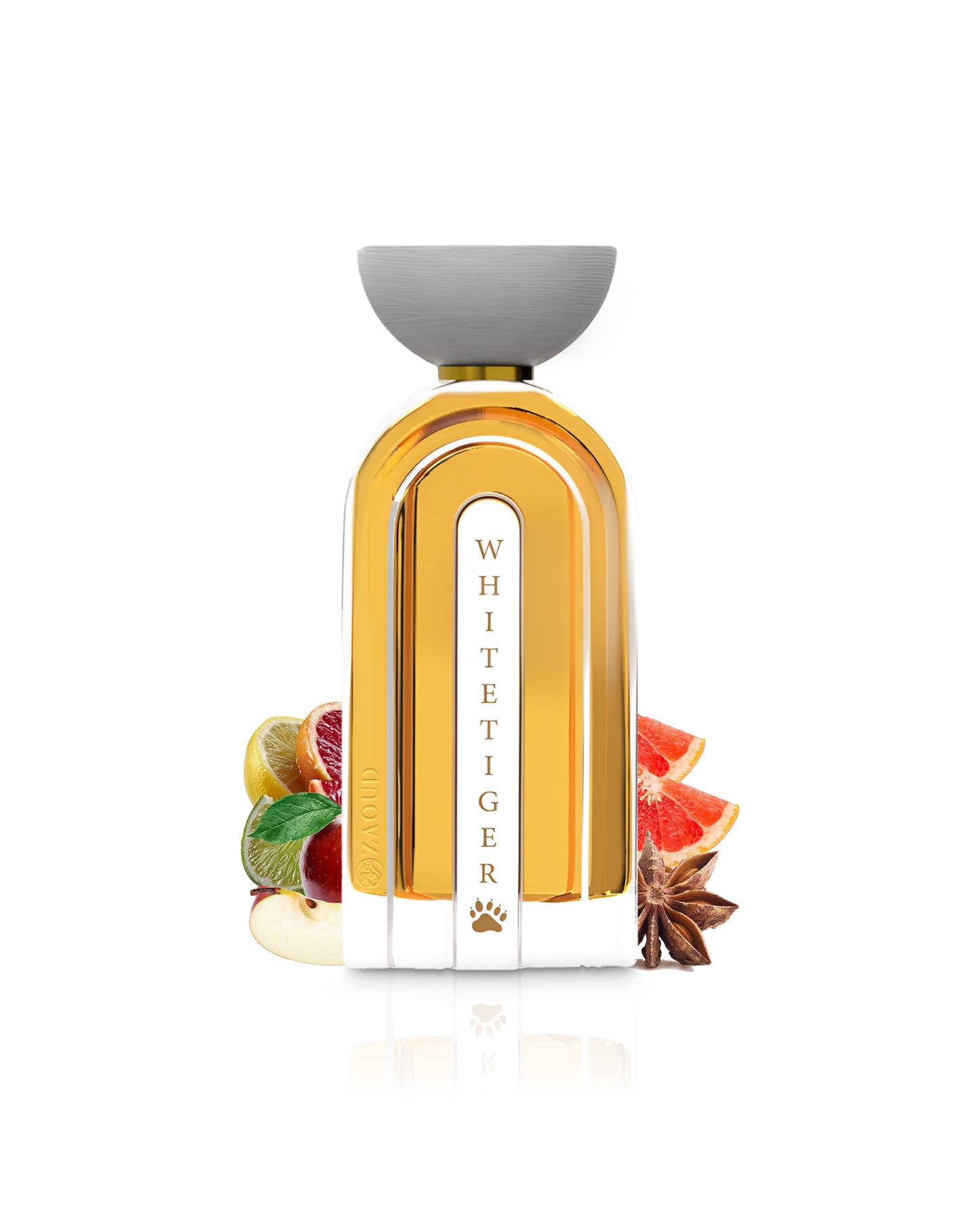 ahmed al maghribi white tiger perfume bottle surrounded by fragrance notes like star anise and fruits shows against white background